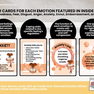 May include: Four educational cards for Inside Out 2 emotions: Joy, Sadness, Fear, Disgust, Anger, Anxiety, Ennui, Embarrassment, and Envy. Each card features a different emotion with related feelings, coping skills, function, and action ideas. Includes an emotion wheel.