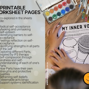 May include: A worksheet page with the title "MY INNER VOICE" and a microphone illustration. The page is part of a set of 15 printable worksheet pages exploring topics like self-acceptance and self-esteem. Watercolour paints and paintbrushes are visible.