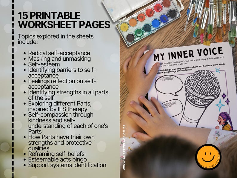 May include: A worksheet page with the title "MY INNER VOICE" and a microphone illustration. The page is part of a set of 15 printable worksheet pages exploring topics like self-acceptance and self-esteem. Watercolour paints and paintbrushes are visible.