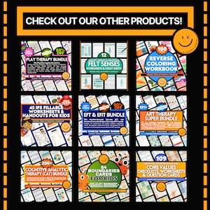 May include: A collage of nine colorful digital product covers for therapists and counselors. The covers feature various themes, including play therapy, somatic therapy, art therapy, cognitive analytic therapy, and boundary setting. Each cover includes a title, a description, and a price.