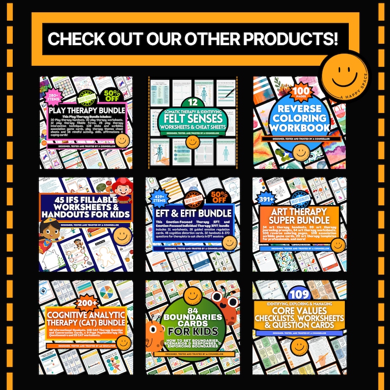 May include: A collage of nine colorful digital product covers for therapists and counselors. The covers feature various themes, including play therapy, somatic therapy, art therapy, cognitive analytic therapy, and boundary setting. Each cover includes a title, a description, and a price.