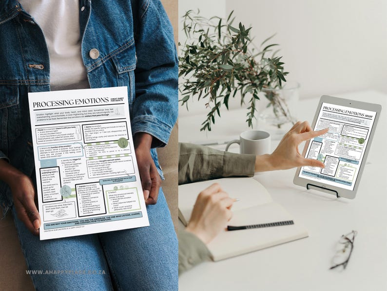 May include: A white paper titled "Processing Emotions" is held by a person wearing a denim jacket. The paper has text and diagrams in black and light blue. A tablet displays the same document. A notebook, pen, and glasses are on a white surface.