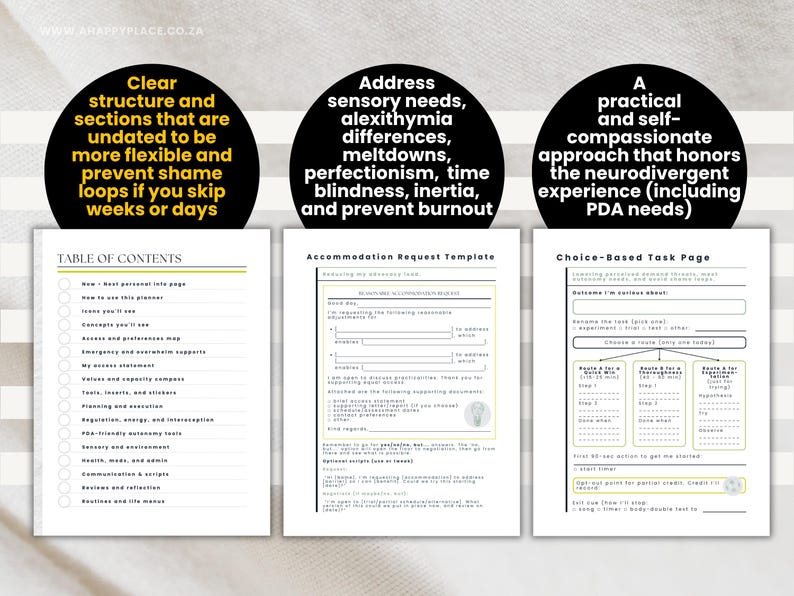 May include: Three-page planner spread with text and graphics. The pages address sensory needs, alexithymia, and the neurodivergent experience. The planner includes a table of contents, accommodation request template, and choice-based task page.