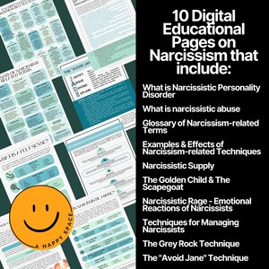 May include: A digital educational product with 10 pages on narcissism, including topics like narcissistic personality disorder, abuse, and techniques for managing narcissists. The image features a happy face graphic and text on a black background.
