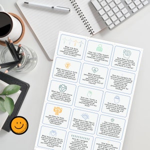 May include: A set of 16 blue cards with white borders and text. Each card features a different question about body awareness and trauma recovery. The questions are written in a light green, orange, or pink font.