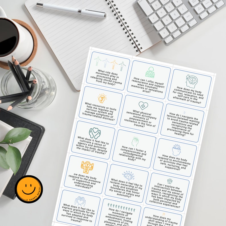 May include: A set of 16 blue cards with white borders and text. Each card features a different question about body awareness and trauma recovery. The questions are written in a light green, orange, or pink font.
