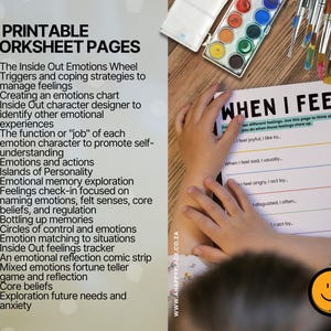 May include: A worksheet titled "When I Feel..." with prompts about feelings, held by a child. The image includes a list of 21 printable worksheet pages covering emotions, with watercolor paints and brushes visible.