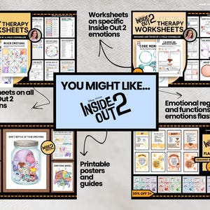 May include: A collection of Inside Out 2 themed therapy worksheets, flashcards, posters, and guides. The image includes worksheets on mixed emotions, core memory, and emotional regulation. The text includes "You Might Like..." and "30% OFF 3+".