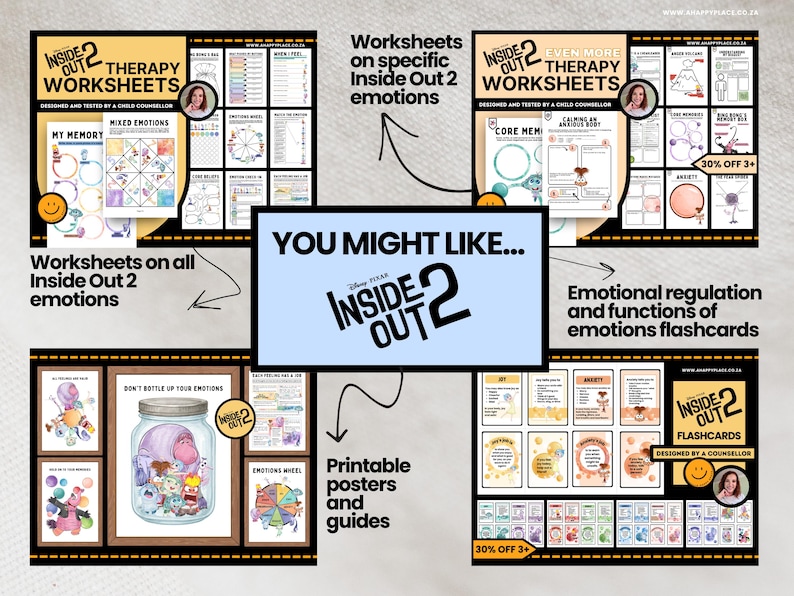 May include: A collection of Inside Out 2 themed therapy worksheets, flashcards, posters, and guides. The image includes worksheets on mixed emotions, core memory, and emotional regulation. The text includes "You Might Like..." and "30% OFF 3+".
