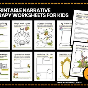 May include: A collection of 25 printable narrative therapy worksheets for kids. The worksheets feature various themes, including swamps, fairy tales, and bridges. The text "25 Printable Narrative Therapy Worksheets for Kids" is at the top.