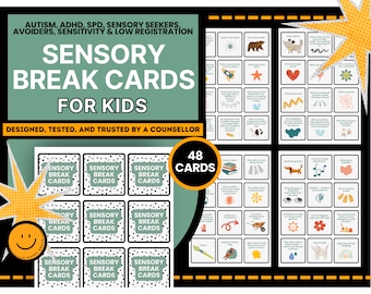 Peut inclure: Un jeu de 48 cartes de pause sensorielle pour enfants. Les cartes sont conçues pour aider les enfants atteints d'autisme, de TDAH, de SPD, de recherche sensorielle, d'évitement, de sensibilité et de faible inscription. Les cartes présentent une variété d'activités, telles que l'écoute de musique, le jeu avec de la pâte à modeler ou une pause dans un endroit calme.