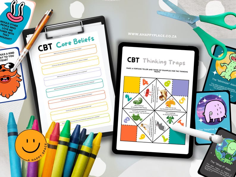 Hojas de trabajo de TCC para niños, Terapia cognitivo-conductual para niños, Hojas de trabajo para desafiar los pensamientos negativos, Creencias centrales de los niños, Acoso cerebral, TCC imagen 3