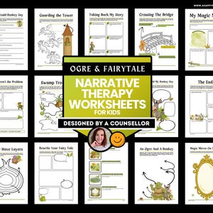Op de afbeelding: Een verzameling afdrukbare werkbladen voor kinderen, met sprookjesthema's en narratieve therapie-oefeningen. De werkbladen bevatten prompts en illustraties voor creatief schrijven en emotionele verkenning.