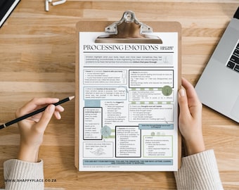 Hoja de trucos para el procesamiento de emociones (PDF), póster imprimible de regulación emocional y hoja de trabajo terapéutica sobre cómo afrontar los sentimientos y las sensaciones sentidas.
