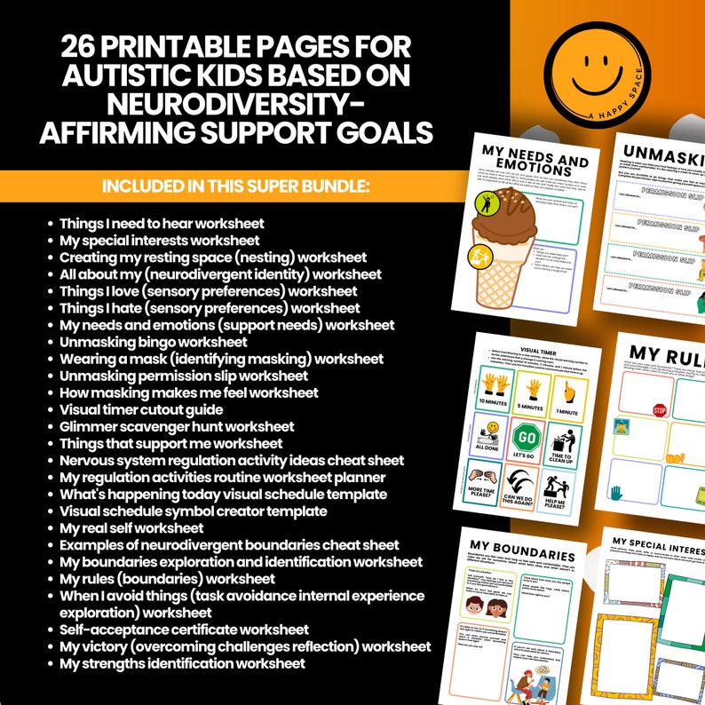 May include: A colourful printable worksheet bundle for autistic children. The worksheets focus on neurodiversity and affirming support goals. The worksheets include topics such as sensory preferences, masking, and emotional regulation.