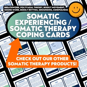 May include: A set of colorful cards with illustrations and text. The cards are titled "Somatic Experiencing / Somatic Therapy Coping Cards". The text on the cards includes "Breathwork, Polyvagal Theory, Bodily Movement, Sound Work, Bodily Rhythm, Grounding, Mindfulness".