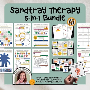 Op de afbeelding: Een Sandtray Therapy 5-in-1 bundel met diverse printbare werkbladen, spelkaarten en promptbladen met kleurrijke stripfiguren. De collectie bevat een dobbelspel, gevoelstabellen en kaarten voor het bouwen van scènes voor therapeutisch gebruik.