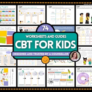 May include: A collection of 74 worksheets and guides for Cognitive Behavioral Therapy (CBT) for kids. The cover features the text "CBT for Kids" in large letters, with various colorful illustrations and a smiling face.