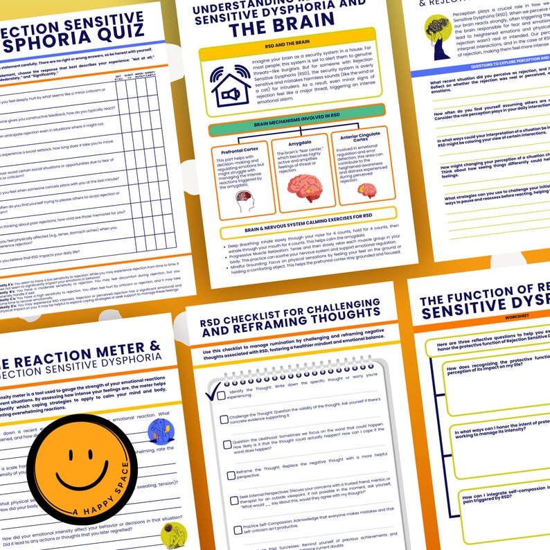 May include: A collection of printable worksheets and quizzes on the topic of rejection sensitive dysphoria (RSD). The pages feature text, diagrams, and checklists, with a happy face logo in the corner. The theme is mental health and emotional well-being.
