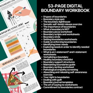 May include: A digital workbook with a colourful cover featuring a lighthouse and a slice of pizza. The workbook is titled "53-Page Digital Boundary Workbook" and lists various topics related to setting boundaries, including 9 types of boundaries, boundary style quiz, boundary lighthouse, somatic self-doubt release exercise, the importance of boundaries, what a boundary is not, boundary pizza worksheet, boundary scripts and worksheets, boundary circle, setting boundaries worksheets, guide on enforcing boundaries, identifying inner needs, exploring needs in order to identify needed boundaries, what is an I-statement? and I-statement worksheets, verbalizing a boundary, healthy boundary checklist, boundary support structures, maintaining boundaries guide, boundary sorting worksheet, pathological empathy screening, absorbing and releasing self-awareness exercise, your right to boundaries, dealing with guilt, boundary journal templates, the art of saying no worksheets, and commitment to boundaries contract.
