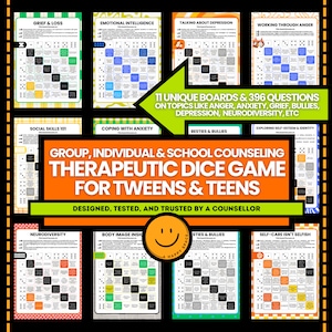 School Counseling Dice Game Teens Tweens Group Therapy Coping Skill Therapy Questions ASC Anxiety Depression Bullies Grief Body Therapeutic