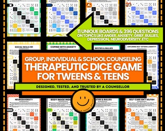 School Counseling Dice Game Teens Tweens Group Therapy Coping Skill Therapy Questions ASC Anxiety Depression Bullies Grief Body Therapeutic