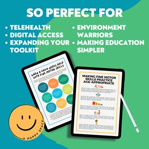 May include: Two printable worksheets on a tablet, one titled "When a child needs help with fine motor skills" and the other titled "Making fine motor skills practice age-appropriate". Both worksheets feature colorful circles and text.