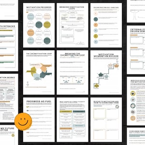 Puede incluir: Una colecci&oacute;n de hojas de trabajo y gu&iacute;as imprimibles sobre motivaci&oacute;n y superaci&oacute;n personal. Las p&aacute;ginas presentan diagramas, gr&aacute;ficos y texto, con t&iacute;tulos como "Motivation Progress" y "Breaking Demotivation Loops". Una pegatina amarilla con una carita sonriente es visible.