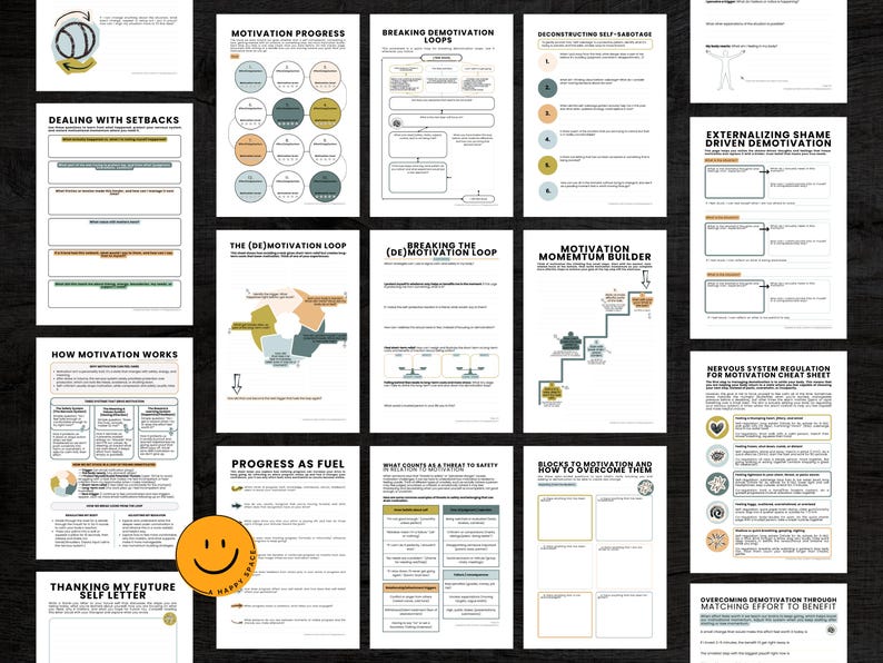 Puede incluir: Una colecci&oacute;n de hojas de trabajo y gu&iacute;as imprimibles sobre motivaci&oacute;n y superaci&oacute;n personal. Las p&aacute;ginas presentan diagramas, gr&aacute;ficos y texto, con t&iacute;tulos como "Motivation Progress" y "Breaking Demotivation Loops". Una pegatina amarilla con una carita sonriente es visible.