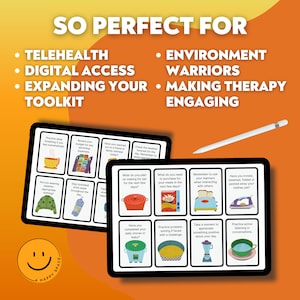 May include: A digital tablet screen displaying a set of colorful cards with prompts for daily self-care activities. The cards feature illustrations of a teapot, a water bottle, a pot, a bowl of cereal, a slice of bread, a blender, a bowl, and an iron. The text on the cards includes phrases like "Practice deep breathing", "Stay hydrated", "What do you plan on making for eat", "What do you need to purchase", "Remember to use your manners", "Have you ironed", "Have you completed your daily chores", "Practice problem-solving", "Take a moment to appreciate", and "Practice active listening".