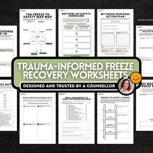 Puede incluir: Un conjunto de hojas de trabajo de recuperación de congelación informadas sobre el trauma. Las hojas de trabajo incluyen temas como el control de la respuesta de congelación, los mapas de seguridad y los planes de acción. El texto dice "Trauma-Informed Freeze Recovery Worksheets".