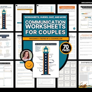 Puede incluir: Un conjunto de hojas de trabajo de comunicación para parejas, diseñado por un consejero. La portada presenta un faro y el texto "Hojas de trabajo de comunicación para parejas". Incluye 70 páginas de guías y cuestionarios.
