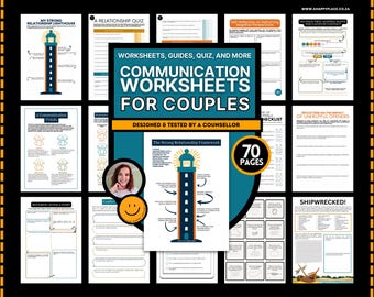 Puede incluir: Un conjunto de hojas de trabajo de comunicación para parejas, diseñado por un consejero. La portada presenta un faro y el texto "Hojas de trabajo de comunicación para parejas". Incluye 70 páginas de guías y cuestionarios.