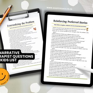 May include: A black clipboard with a list titled "Externalizing the Problem" and a tablet displaying "Reinforcing Preferred Stories." A pen and stylus are also visible. The image includes the text "120 Narrative Therapist Questions for Kids List."