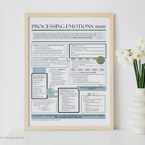 May include: A framed print titled "Processing Emotions" with a beige wooden frame. The print is a cheat sheet for adults, with text and diagrams. A white vase with white flowers sits to the right of the frame.