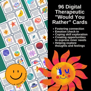 May include: 96 digital "Would You Rather" cards with a colorful space theme. The cards feature a variety of planets, stars, and other space-themed illustrations. The cards are designed to help foster connection, emotion check-in, coping skill exploration, and creating opportunities to express inner needs. The cards are also designed to help explore thoughts and feelings.