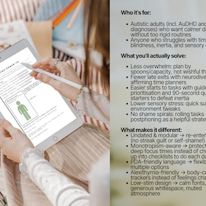 May include: A person using a white tablet with a stylus, displaying an "Interoception Check-in" form. The form includes a body diagram and checklist. Text on the right side lists benefits and features of the check-in.