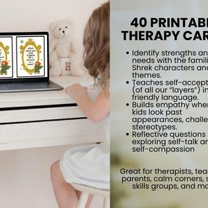 May include: A laptop displays two therapy cards with Shrek characters in gold frames. The cards are on a white desk with a teddy bear and a pink stuffed animal. The text on the right says "40 PRINTABLE THERAPY CARDS".
