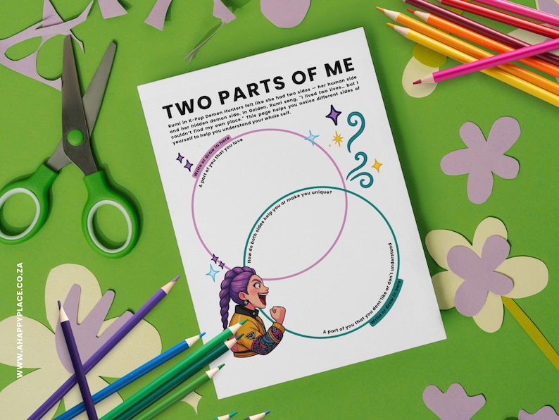 May include: A white sheet with the title "TWO PARTS OF ME" and an illustration of a woman with purple hair. The sheet has two overlapping circles with prompts. Green scissors, coloured pencils, and paper cutouts are scattered around.