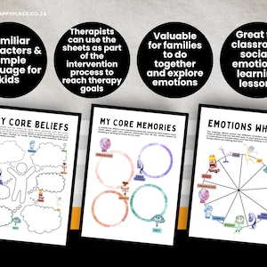 May include: Three educational worksheets with black frames. The worksheets are titled "My Core Beliefs", "My Core Memories", and "Emotions Wheel". The top of the image has text in black circles: "Familiar characters & simple language for kids".