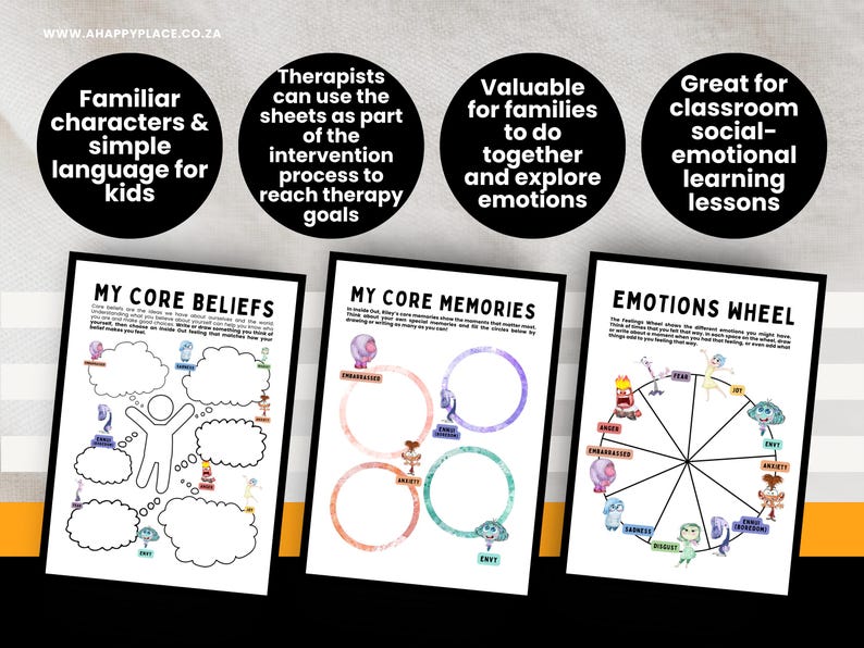 May include: Three educational worksheets with black frames. The worksheets are titled "My Core Beliefs", "My Core Memories", and "Emotions Wheel". The top of the image has text in black circles: "Familiar characters & simple language for kids".