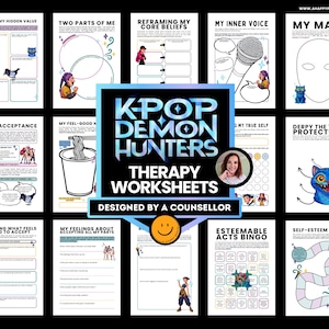 Può includere: Una raccolta di fogli di lavoro di terapia intitolati "K-Pop Demon Hunters", progettati da un consulente. I fogli di lavoro trattano argomenti come l'accettazione di sé e le convinzioni fondamentali. Ogni foglio di lavoro presenta illustrazioni.