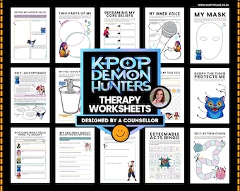 KPop Demon Hunters Worksheets PDF, Printable Therapy SEL Activities for Kids, Self-Esteem and Self-Acceptance, Unmasking, IFS & Core Beliefs
