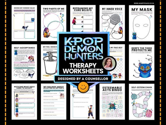 KPop Demon Hunters Worksheets PDF, Printable Therapy SEL Activities for Kids, Self-Esteem and Self-Acceptance, Unmasking, IFS & Core Beliefs