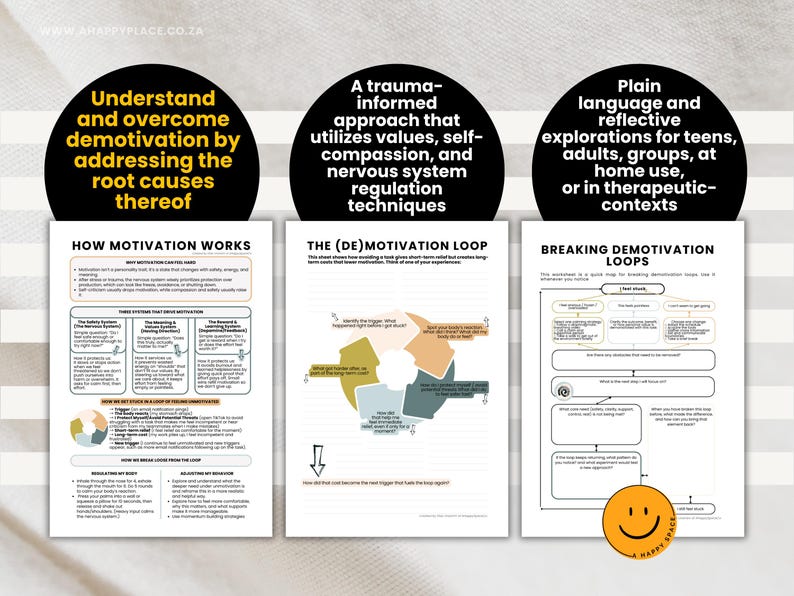 Puede incluir: Tres hojas de trabajo con texto y diagramas sobre desmotivaci&oacute;n, motivaci&oacute;n y enfoques informados sobre el trauma. Las hojas de trabajo incluyen el texto: "Comprender y superar la desmotivaci&oacute;n", "Un enfoque informado sobre el trauma" y "Exploraciones reflexivas".