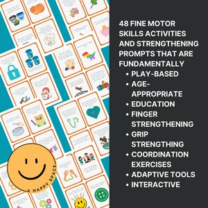 May include: A set of 48 orange and white cards with illustrations of activities for fine motor skills and strengthening. The cards are labeled with the text "48 Fine Motor Skills Activities and Strengthening Prompts That Are Fundamentally: Play-Based, Age-Appropriate Education, Finger Strengthening, Grip Strengthening, Coordination Exercises, Adaptive Tools, Interactive."