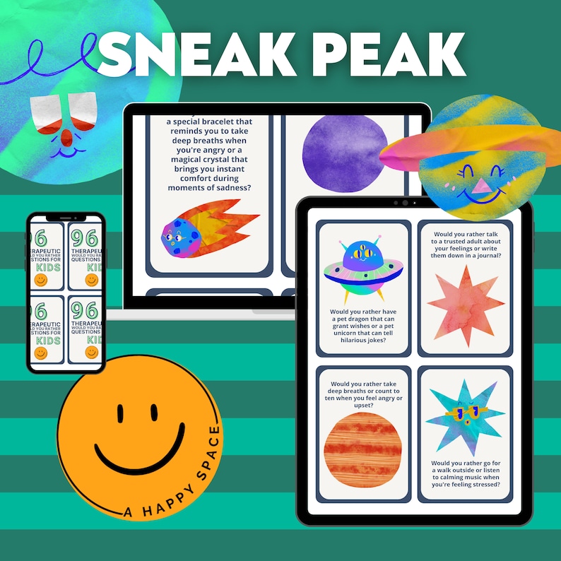 May include: A digital illustration of a tablet and a smartphone with a colorful background. The tablet and smartphone display a series of cards with questions about coping mechanisms for children. The text on the cards includes phrases like "Would you rather have a pet dragon that can grant wishes or a pet unicorn that can tell hilarious jokes?" and "Would you rather take deep breaths or count to ten when you feel angry or upset?"