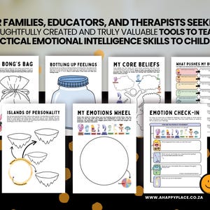May include: A collection of educational worksheets for children, with titles like "Bing Bong's Bag" and "My Emotions Wheel." The worksheets are designed to teach emotional intelligence skills. The background is black and gold.