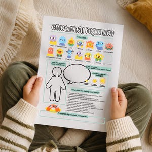 May include: A white paper worksheet titled emotional regulation featuring colorful cartoon icons representing various feelings, a blank human body outline with a speech bubble, and a list of coping strategies with checkboxes for tracking emotions.