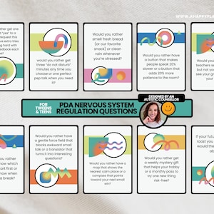 May include: A set of PDA Nervous System Regulation Questions cards for tweens and teens. Each card features a question with colorful abstract designs. The cards are designed by an autistic counselor.